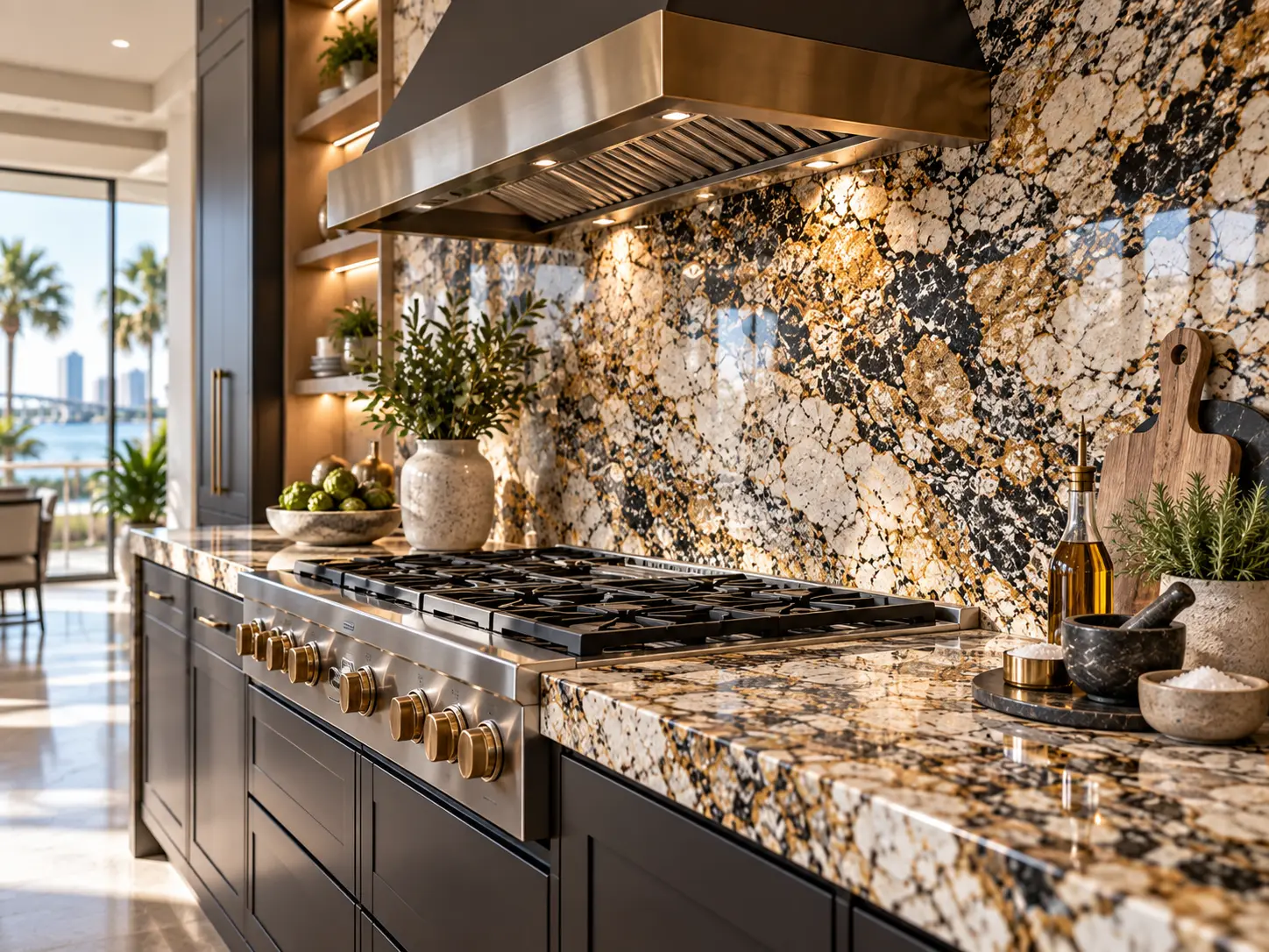 Granite island and dining area with charcoal and gold mineral movement