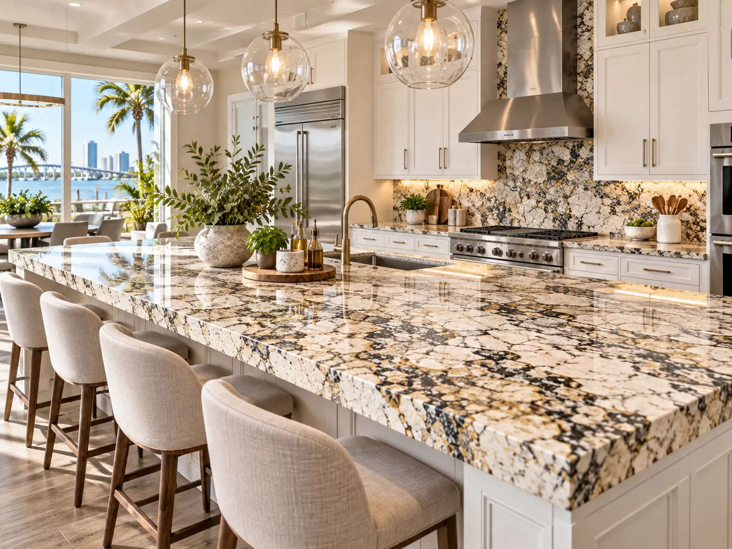 White kitchen with a large granite island and full-height granite backsplash