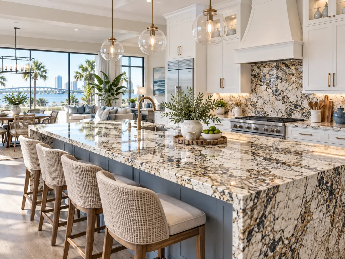 Bright coastal kitchen with a cream and gray granite island